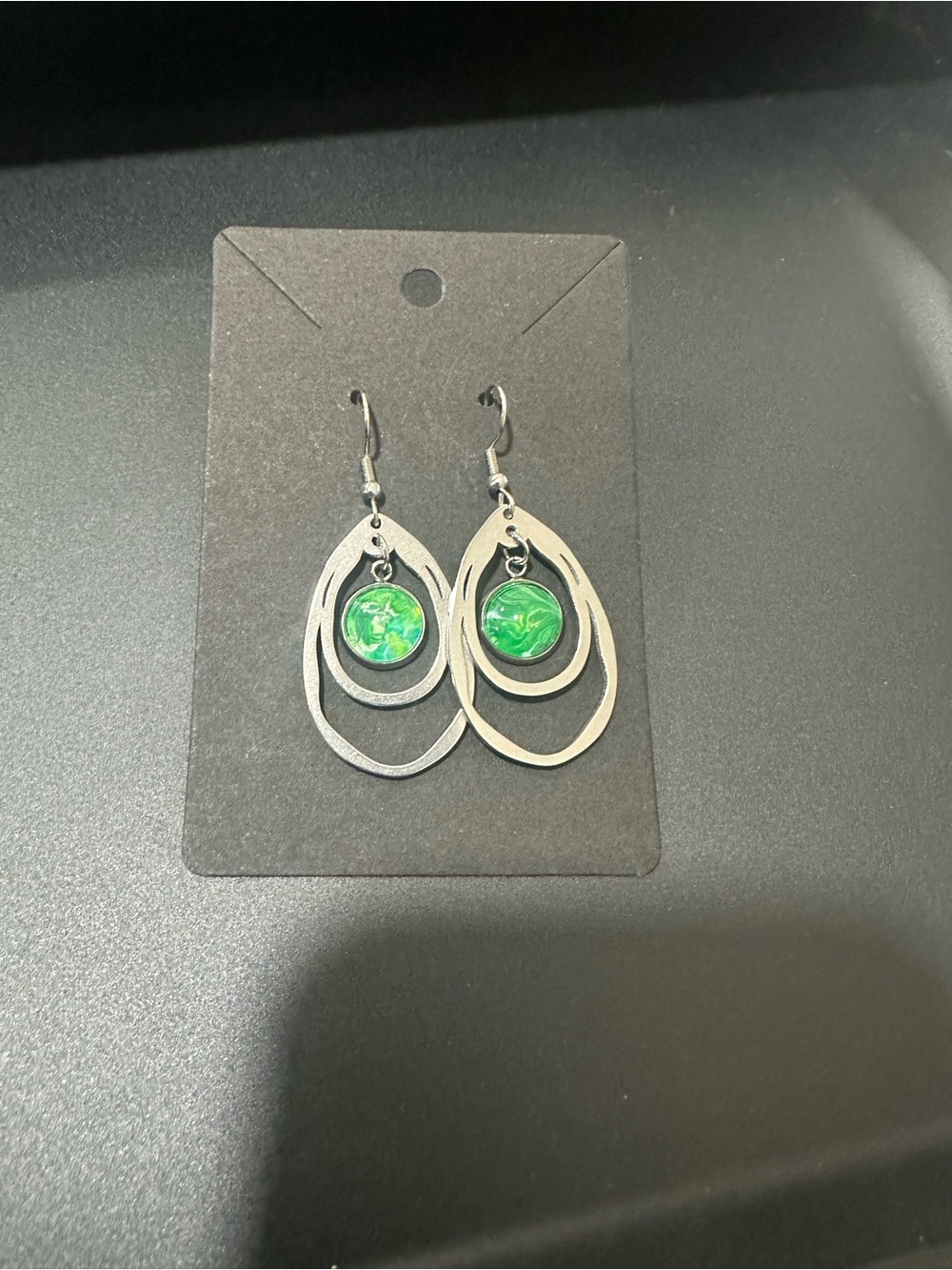 Silver Teardrop Earrings with Green Accent Discs